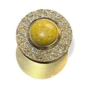 🌕 Vintage Geometric Yellow Stone-Like Brooch – Modernist Layered Design